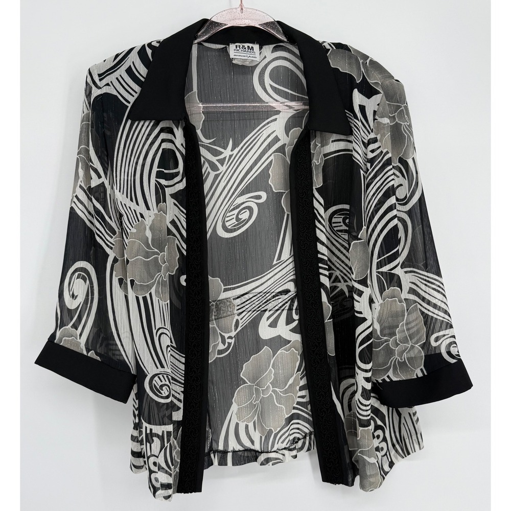 R&M Richards Womens Jacket Black White Floral Sheer‎ Metallic Open Front Sz 18